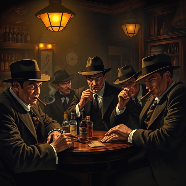 A classic mafia scene set in a dimly lit, vintage speakeasy bar, featuring a group of elegantly dressed gangsters with fedoras, smoking cigars, and plotting their next move