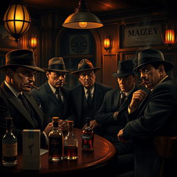 A classic mafia scene set in a dimly lit, vintage speakeasy bar, featuring a group of elegantly dressed gangsters with fedoras, smoking cigars, and plotting their next move