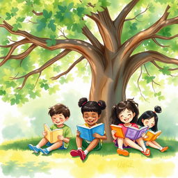 A serene watercolor painting depicting several children of different ethnic backgrounds joyfully reading books while sitting under a large, lush green tree