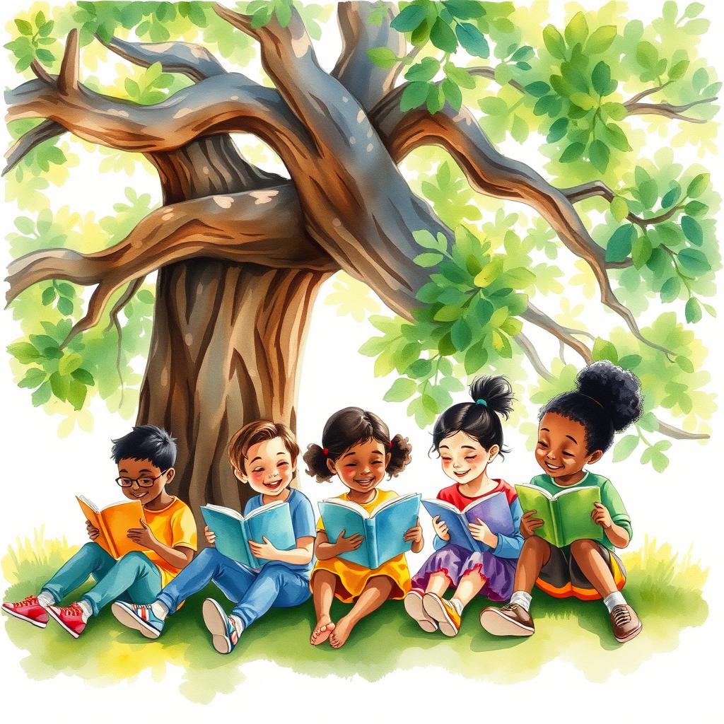 A serene watercolor painting depicting several children of different ethnic backgrounds joyfully reading books while sitting under a large, lush green tree