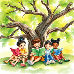 A serene watercolor painting depicting several children of different ethnic backgrounds joyfully reading books while sitting under a large, lush green tree
