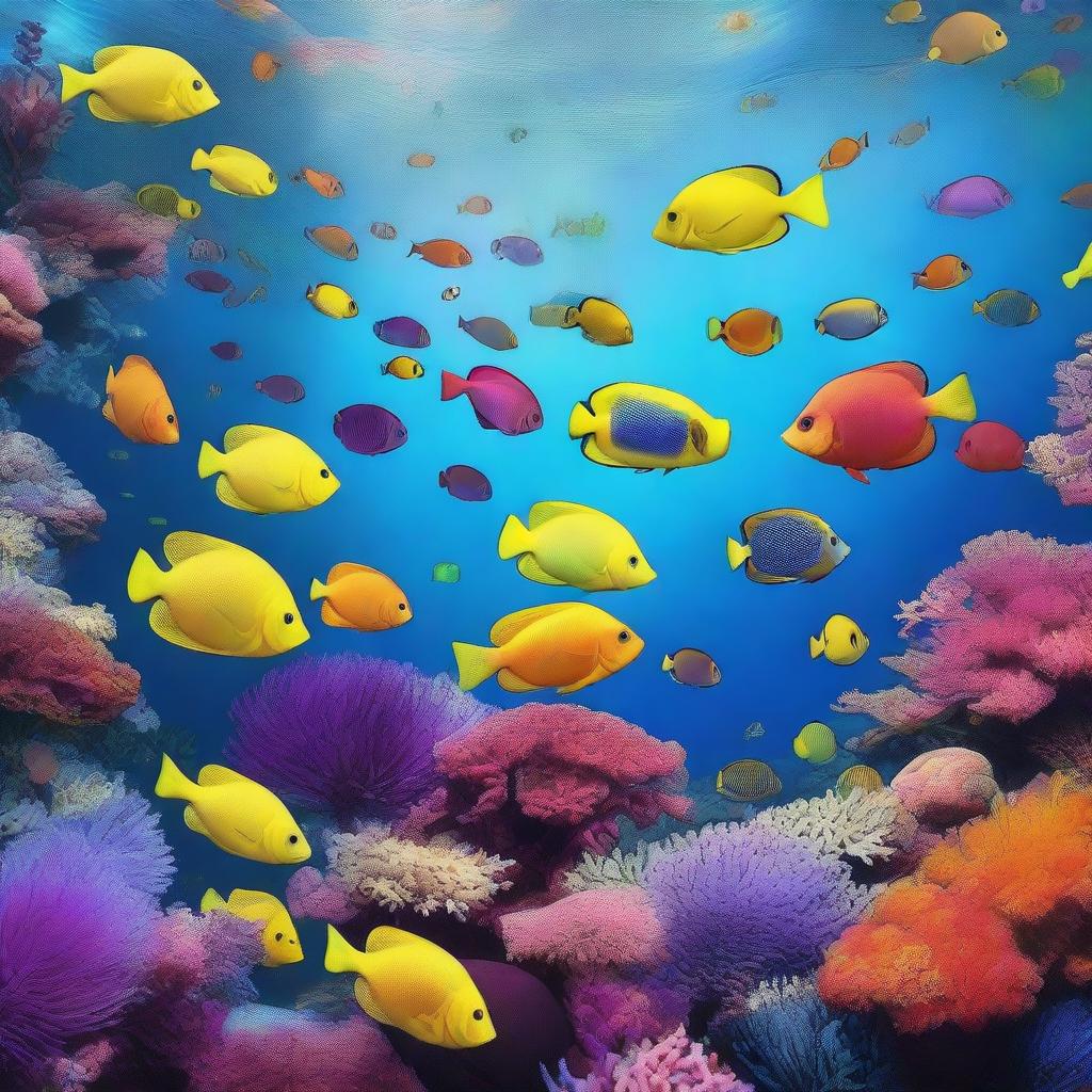 An image of a vibrant underwater scene, displaying a variety of colorful fish swimming amongst a rich coral reef