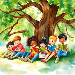 A serene watercolor painting depicting several children of different ethnic backgrounds joyfully reading books while sitting under a large, lush green tree