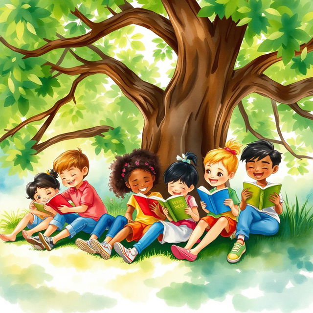 A serene watercolor painting depicting several children of different ethnic backgrounds joyfully reading books while sitting under a large, lush green tree