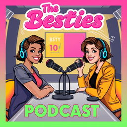 A vibrant and dynamic podcast cover for 'The Besties', featuring two stylish girls with olive skin and short brown hair, radiating a fun and friendly vibe