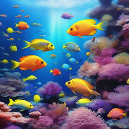 An image of a vibrant underwater scene, displaying a variety of colorful fish swimming amongst a rich coral reef