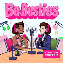 A vibrant and dynamic podcast cover for 'The Besties', featuring two stylish girls with olive skin and short brown hair, radiating a fun and friendly vibe