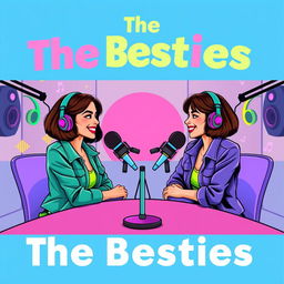 A vibrant and dynamic podcast cover for 'The Besties', featuring two stylish girls with olive skin and short brown hair, radiating a fun and friendly vibe