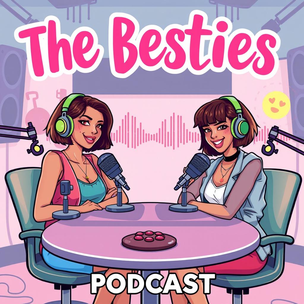 A vibrant and dynamic podcast cover for 'The Besties', featuring two stylish girls with olive skin and short brown hair, radiating a fun and friendly vibe