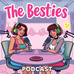 A vibrant and dynamic podcast cover for 'The Besties', featuring two stylish girls with olive skin and short brown hair, radiating a fun and friendly vibe