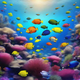 An image of a vibrant underwater scene, displaying a variety of colorful fish swimming amongst a rich coral reef