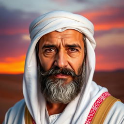 A striking portrait of a middle-aged Arab man named Ghanem, showcasing his distinguished features and regal presence