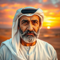 A striking portrait of a middle-aged Arab man named Ghanem, showcasing his distinguished features and regal presence
