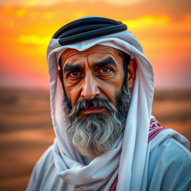 A striking portrait of a middle-aged Arab man named Ghanem, showcasing his distinguished features and regal presence