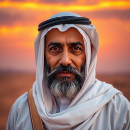 A striking portrait of a middle-aged Arab man named Ghanem, showcasing his distinguished features and regal presence