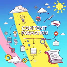 A detailed, colorful illustration of a content formation process map