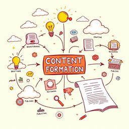 A detailed, colorful illustration of a content formation process map