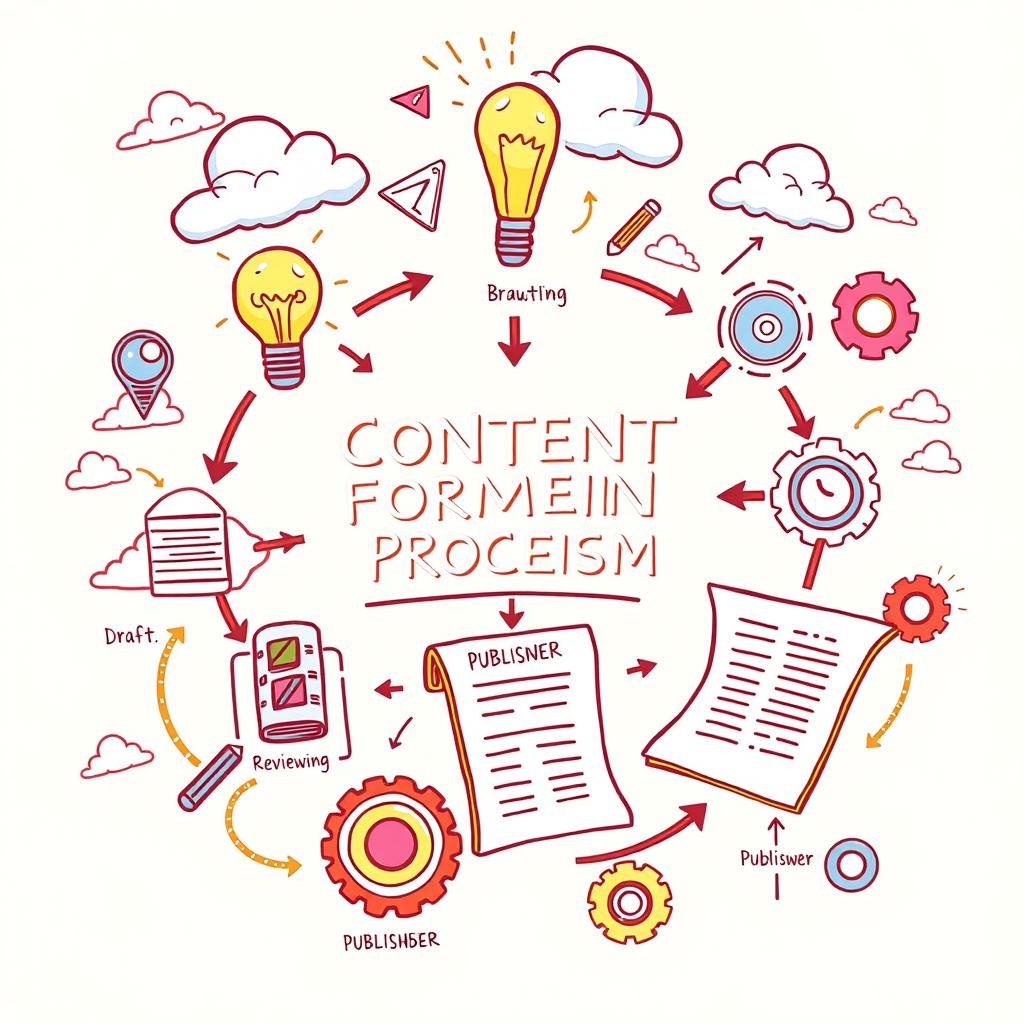 A detailed, colorful illustration of a content formation process map