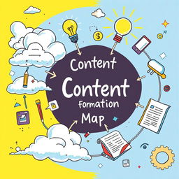 A detailed, colorful illustration of a content formation process map