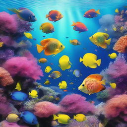 An image of a vibrant underwater scene, displaying a variety of colorful fish swimming amongst a rich coral reef