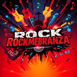 A vibrant and energetic flyer for "ROCKMEMBRANZA", featuring a dynamic design that captures the essence of rock music