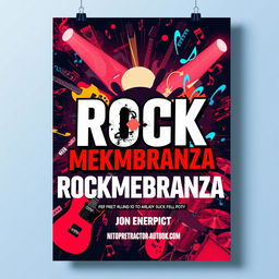 A vibrant and energetic flyer for "ROCKMEMBRANZA", featuring a dynamic design that captures the essence of rock music