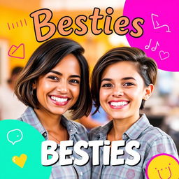 A vibrant podcast cover featuring two cute best friends, both with olive skin and short brown hair, smiling brightly at the camera