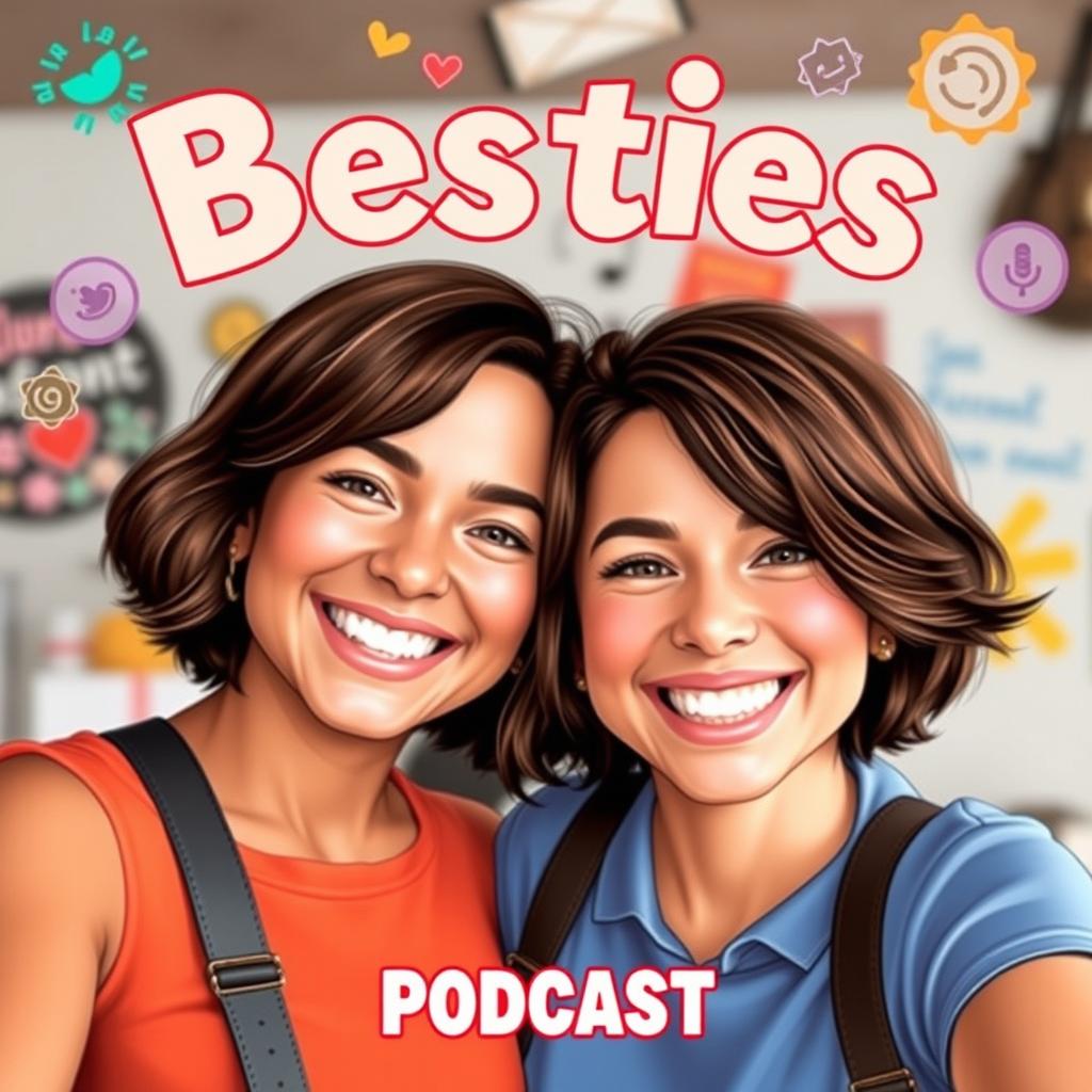 A vibrant podcast cover featuring two cute best friends, both with olive skin and short brown hair, smiling brightly at the camera