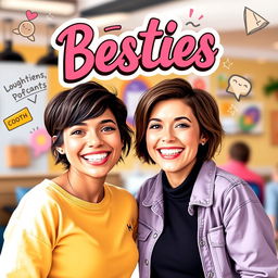 A vibrant podcast cover featuring two cute best friends, both with olive skin and short brown hair, smiling brightly at the camera