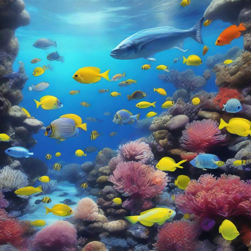 A photo-realistic image of an underwater scene, capturing a multitude of aquatic life