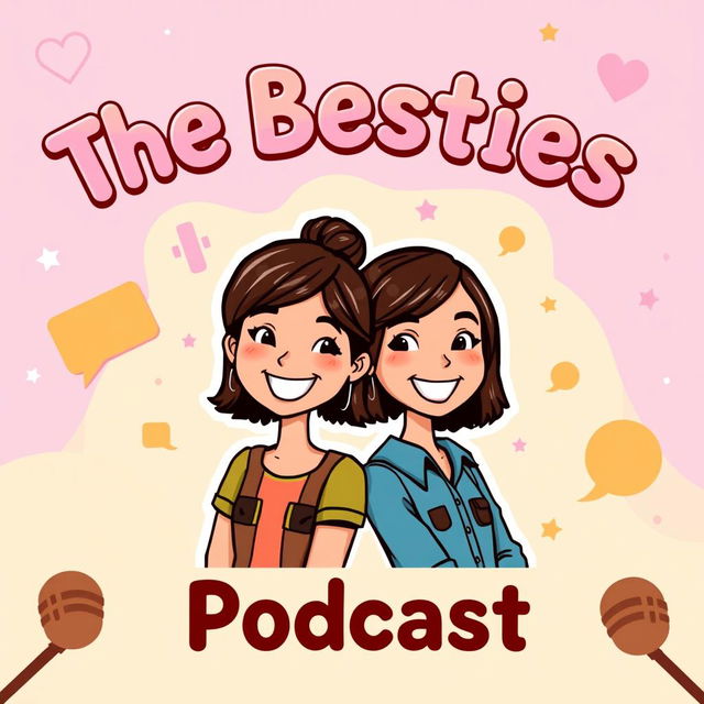 A podcast cover design featuring two cute girls with olive skin and short brown hair