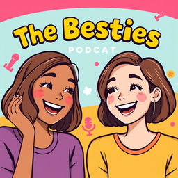 A podcast cover design featuring two cute girls with olive skin and short brown hair