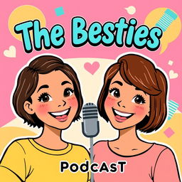 A podcast cover design featuring two cute girls with olive skin and short brown hair