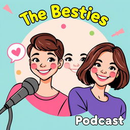 A podcast cover design featuring two cute girls with olive skin and short brown hair