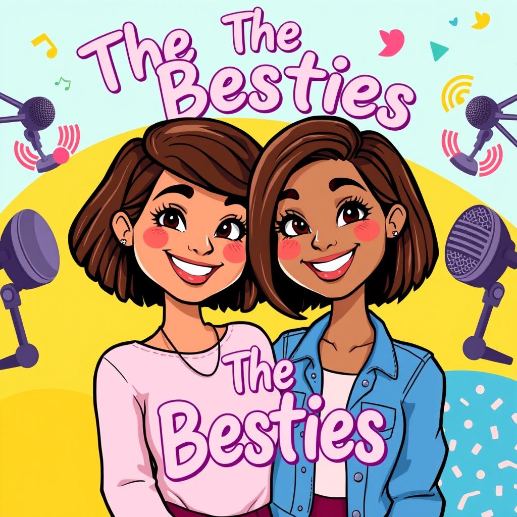 A vibrant cartoon-style illustration of two cute girls representing the podcast 'The Besties'