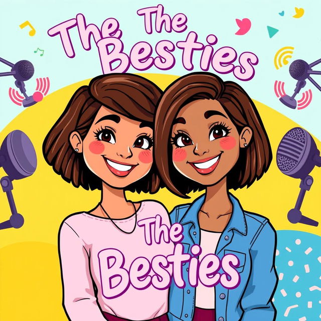 A vibrant cartoon-style illustration of two cute girls representing the podcast 'The Besties'