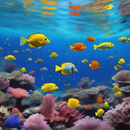 A photo-realistic image of an underwater scene, capturing a multitude of aquatic life