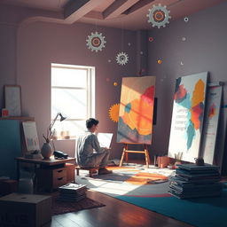 A serene and philosophical depiction of procedural content creation in the realm of art and design