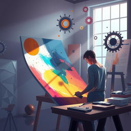A serene and philosophical depiction of procedural content creation in the realm of art and design
