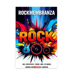 A vibrant and eye-catching flyer for a rock band named ROCKMEMBRANZA