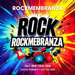 A vibrant and eye-catching flyer for a rock band named ROCKMEMBRANZA