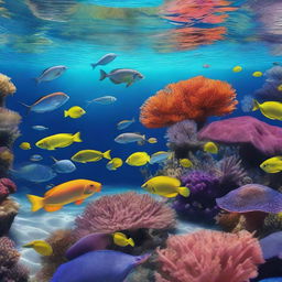 A photo-realistic image of an underwater scene, capturing a multitude of aquatic life