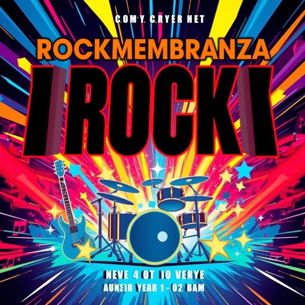 A vibrant and eye-catching flyer for a rock band named ROCKMEMBRANZA