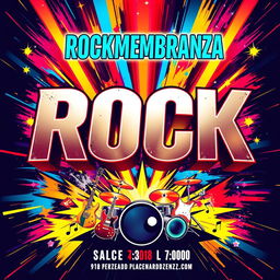 A vibrant and eye-catching flyer for a rock band named ROCKMEMBRANZA