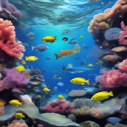 A photo-realistic image of an underwater scene, capturing a multitude of aquatic life