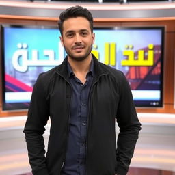 A charismatic Arabic male news presenter in his thirties, wearing a stylish black jacket