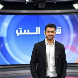 A charismatic Arabic male news presenter in his thirties, wearing a stylish black jacket