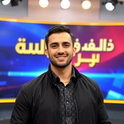 A charismatic Arabic male news presenter in his thirties, wearing a stylish black jacket
