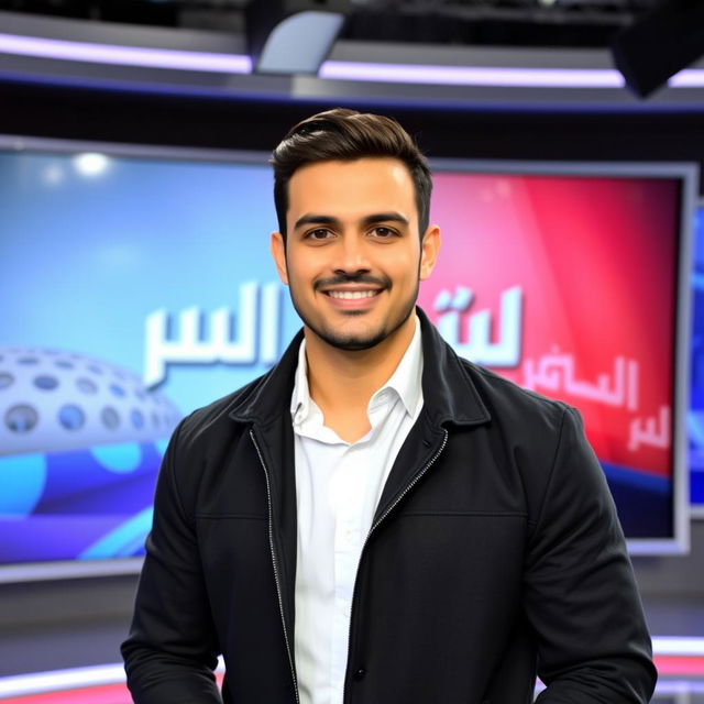 A charismatic Arabic male news presenter in his thirties, wearing a stylish black jacket