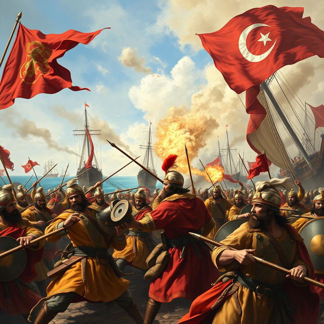 An intense and dynamic depiction of a historical battle scene between Venetian and Ottoman forces, set on the shores of the Adriatic Sea